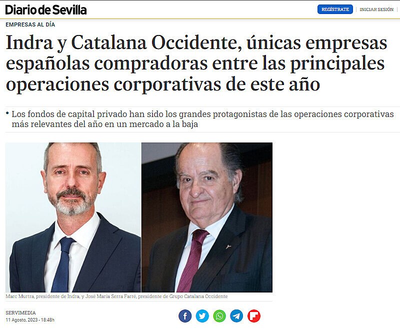 Indra y Catalana Occidente, nicas empresas espaolas compradoras entre las principales operaciones corporativas de este ao